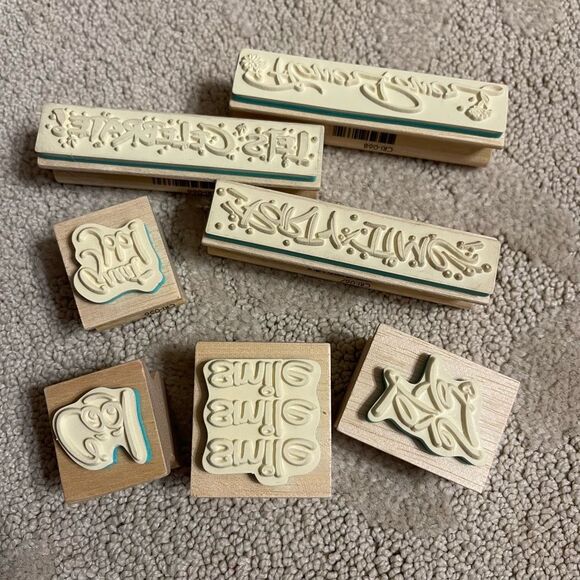 Rubber Stamp Set of 6 Smile Love Cool Great Job Flower Power Celebrate Party - Picture 4 of 5